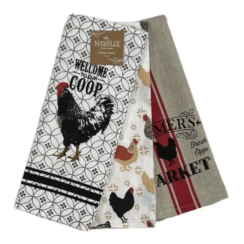 Serafina Home 3 Country Rooster Kitchen Dish Towels Farmhouse Chicken Coop Gift